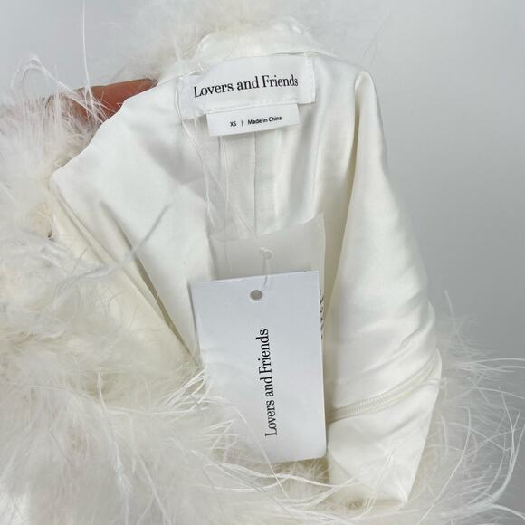 Lovers and Friends | Moira Mini Dress in White Strapless Satin Feather Trim XS - Picture 5 of 13